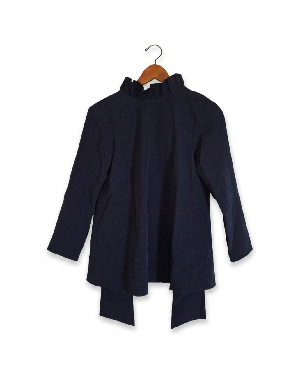 Tuckernuck Faye Ruffle Neck Bow Back Navy Blue Mock High Collar Top Blouse XS